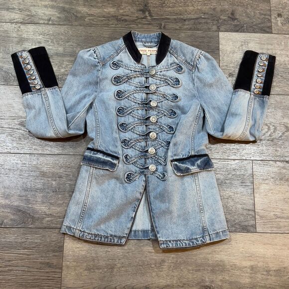 Free People Seamed and Structured Military Blue Denim Jacket - Women's Size XS - Picture 1 of 11